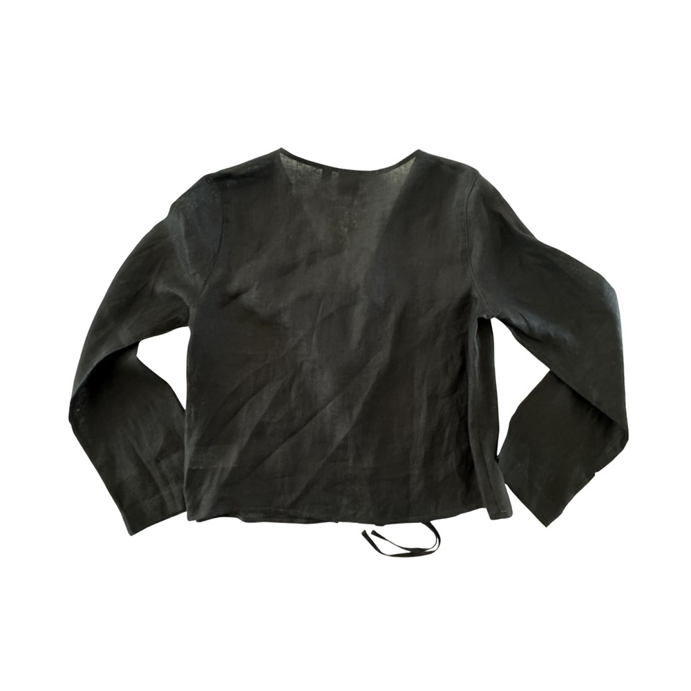 Gap Petite Black 100 Linen Tie Front Blouse Long Sleeve V Neck NWT Coastal - Picture 3 of 6